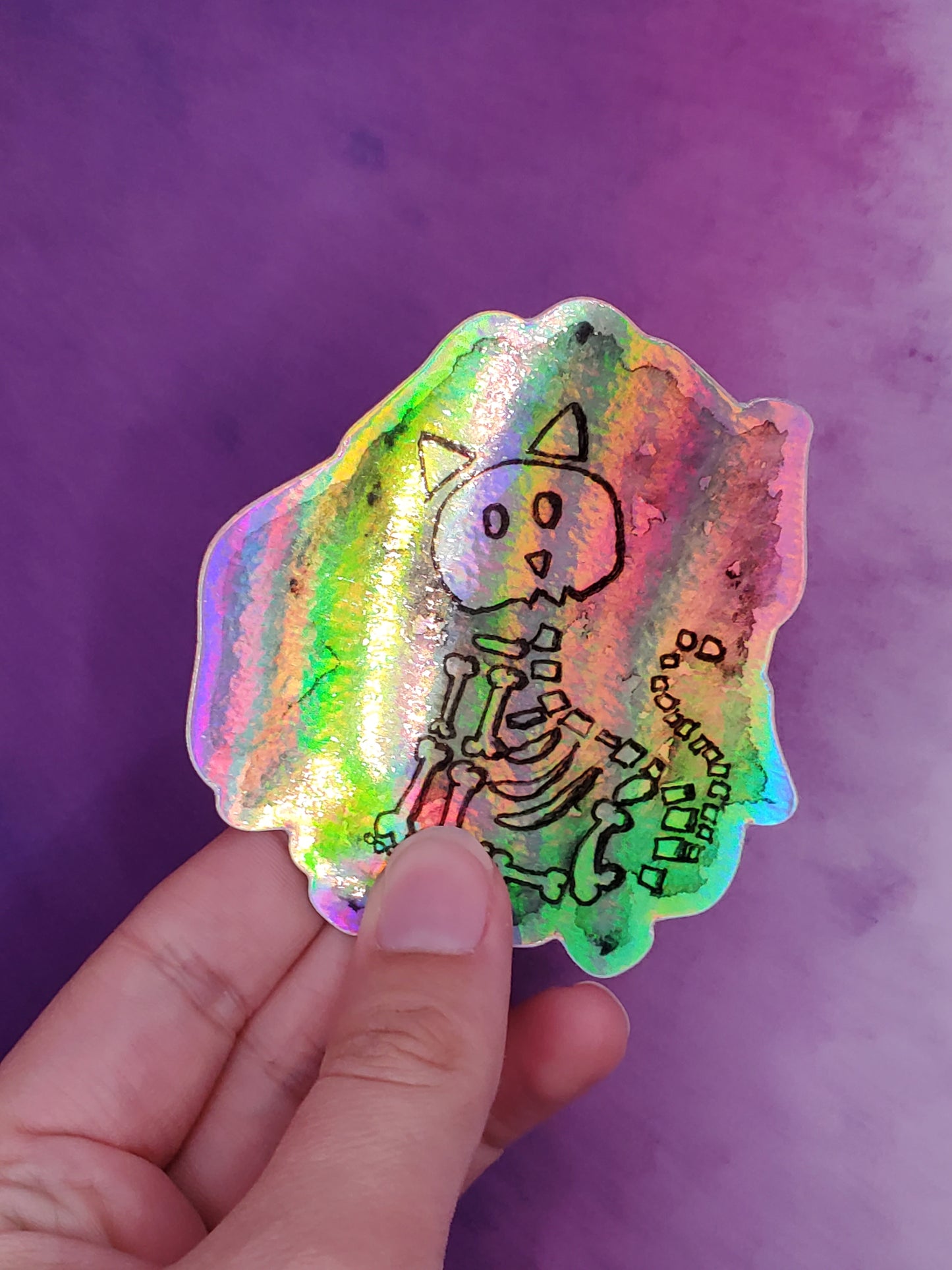 Skeleton Cat Waterproof Holographic Sticker